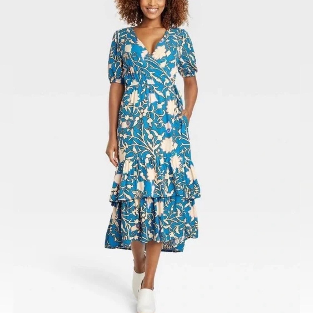 Knox Rose Blue Floral Wrap Midi Dress
